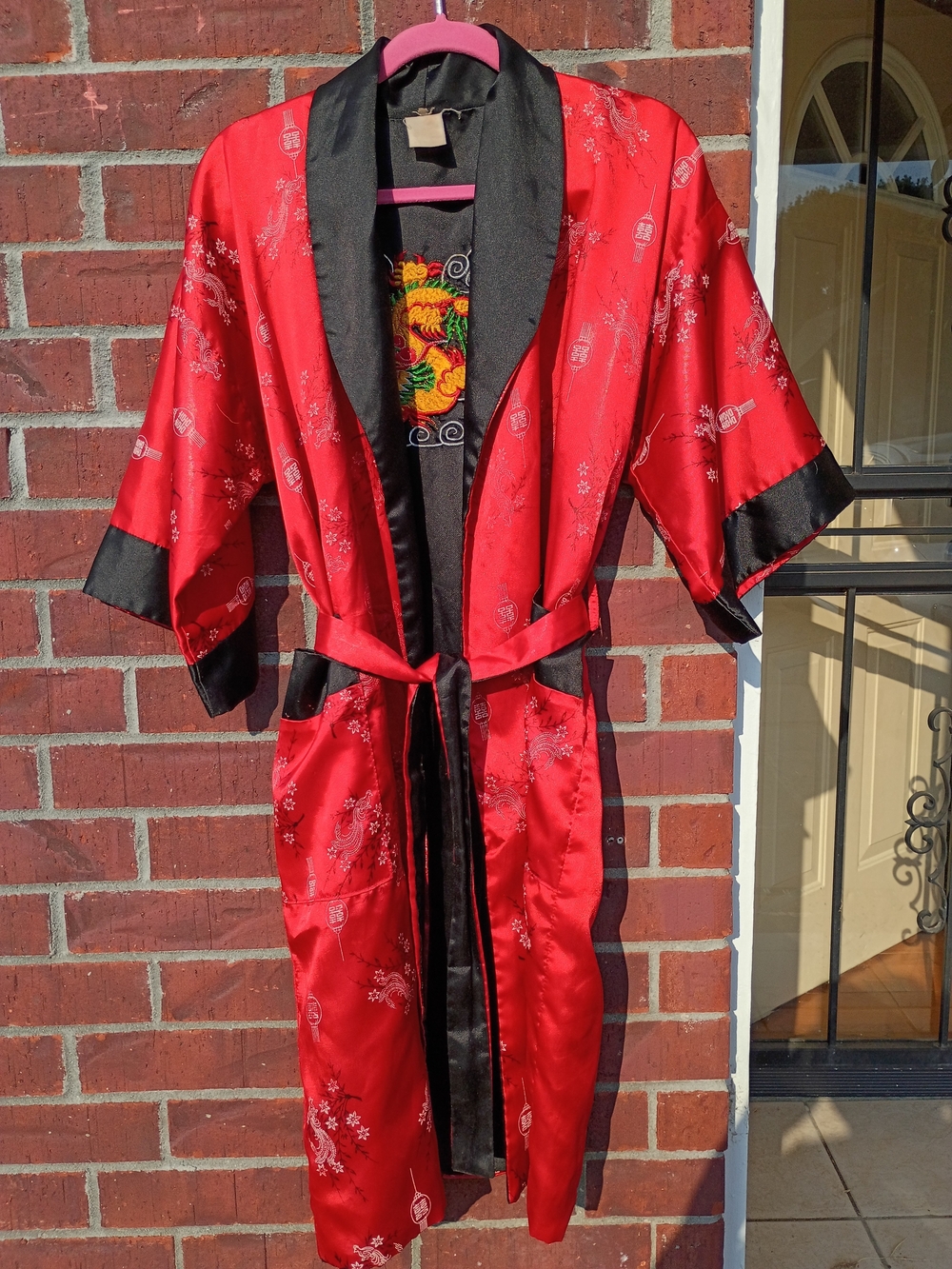 Red Satin Kimono Robe with Black Trim
